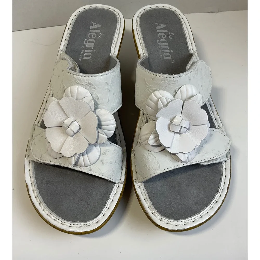 Alegria Morning White Floral Leather Wedge Sandals LAN-460 Womens EU 37 US 7-7.5